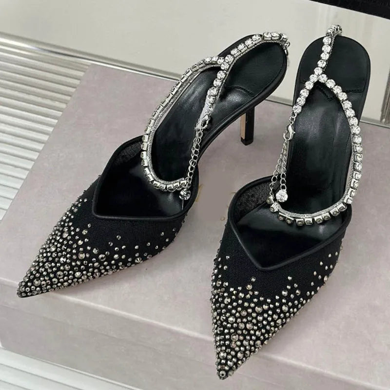 Star style Fashion Rhinestones Ankle Strap Women Pumps Elegant Pointed toe Mesh Slingback Stiletto High heels Office Dress Shoes