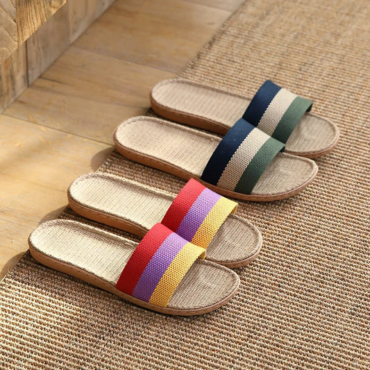 Striped Linen Slippers Women's Men's Grass Weaving Flip Flops Sweat Absorption Sandals Home EVA Light Slides Silent Floor Shoes