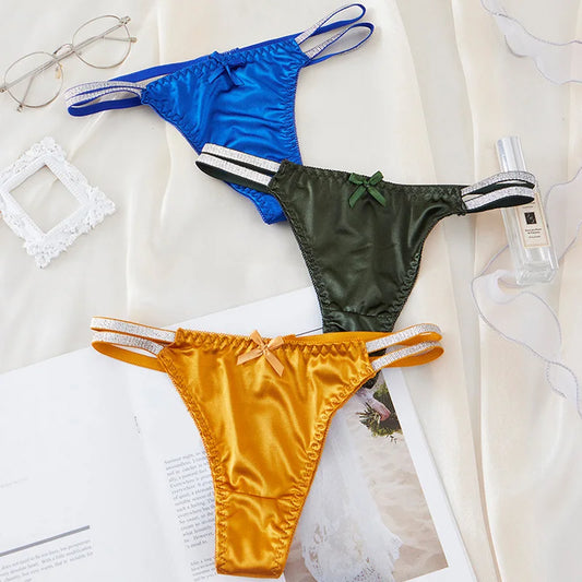 1pc Women Sexy Silky Panties Thin Thong Ice Silk Underwear Shiny Belt Double Strap Lace Low-rise Lingerie