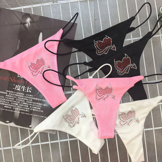 Sparkling Diamond Sexy G-string Spicy Girl Thin Cotton Underwear For Women Low Waist Cute Cat Cartoon Briefs Thongs Lingerie