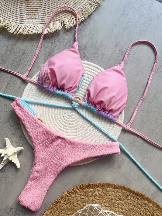 Sexy Neon Green Bikini Set 2025 Tassel Drawstring Side Thong Swimsuit Women Summer Push Up Swimwear Bathing Suit Beach Wear