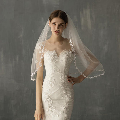 Mid Length Bridal Veil With Double Leaf Edge