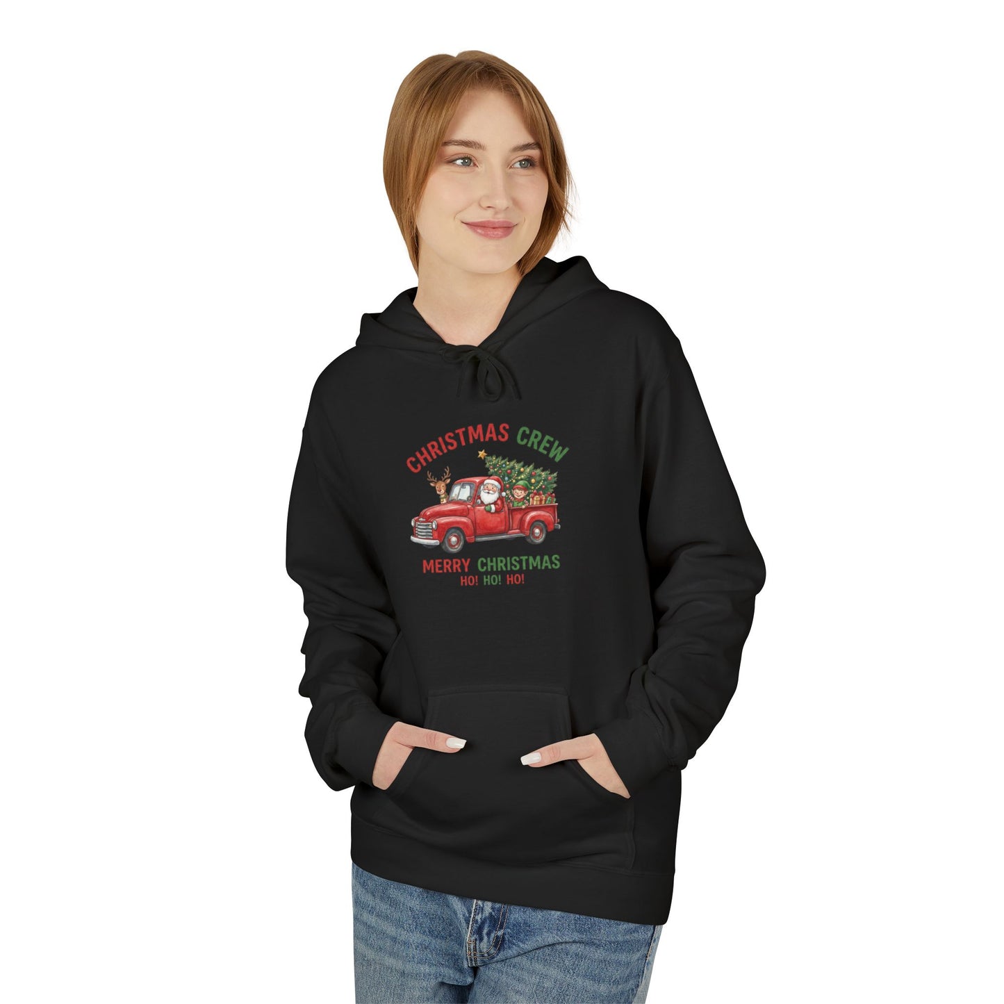 Christmas Crew Hoodie - Red Vintage Truck with Tree, "Merry Christmas Ho Ho Ho"