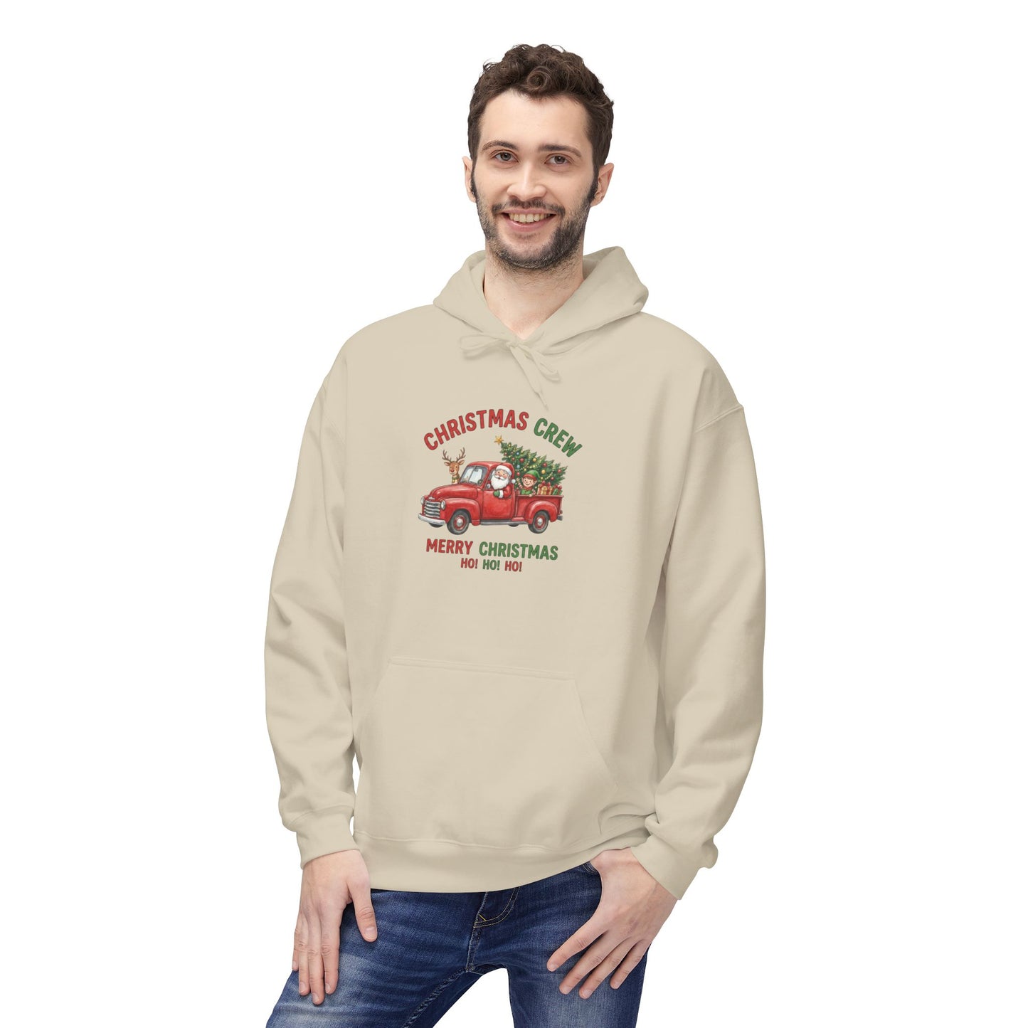 Christmas Crew Hoodie - Red Vintage Truck with Tree, "Merry Christmas Ho Ho Ho"