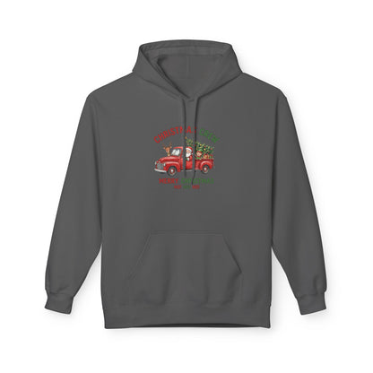 Christmas Crew Hoodie - Red Vintage Truck with Tree, "Merry Christmas Ho Ho Ho"