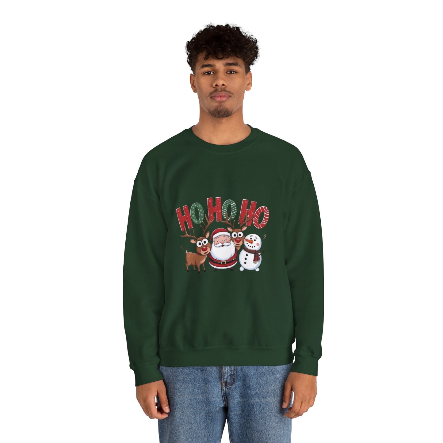 Christmas Sweatshirt — 'HO HO HO' Santa, Reindeer & Snowman Holiday Crewneck