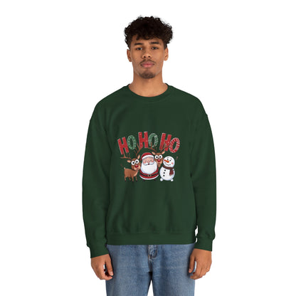 Christmas Sweatshirt — 'HO HO HO' Santa, Reindeer & Snowman Holiday Crewneck