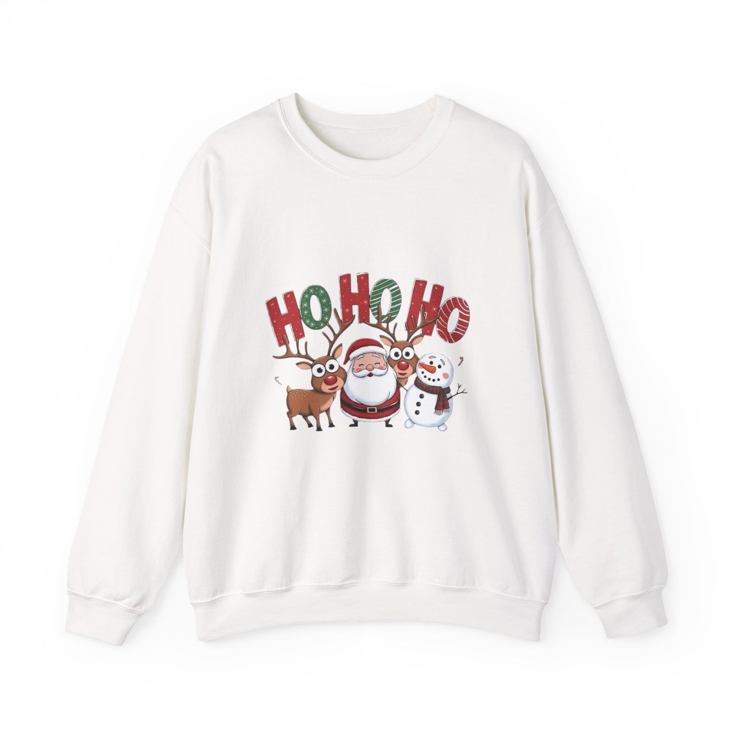 Christmas Sweatshirt — 'HO HO HO' Santa, Reindeer & Snowman Holiday Crewneck