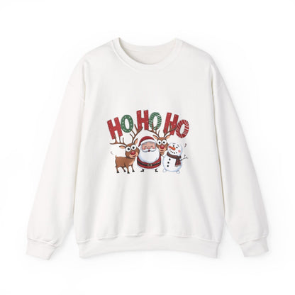 Christmas Sweatshirt — 'HO HO HO' Santa, Reindeer & Snowman Holiday Crewneck