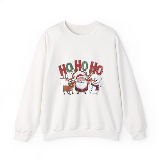 Christmas Sweatshirt — 'HO HO HO' Santa, Reindeer & Snowman Holiday Crewneck