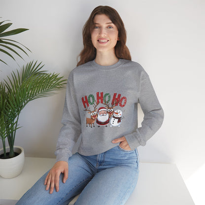 Christmas Sweatshirt — 'HO HO HO' Santa, Reindeer & Snowman Holiday Crewneck