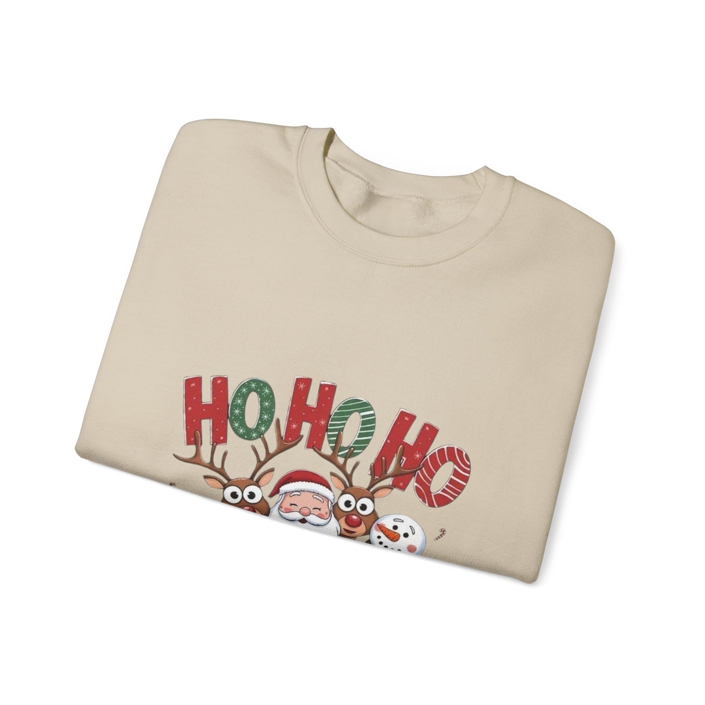 Christmas Sweatshirt — 'HO HO HO' Santa, Reindeer & Snowman Holiday Crewneck