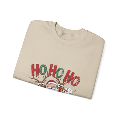 Christmas Sweatshirt — 'HO HO HO' Santa, Reindeer & Snowman Holiday Crewneck