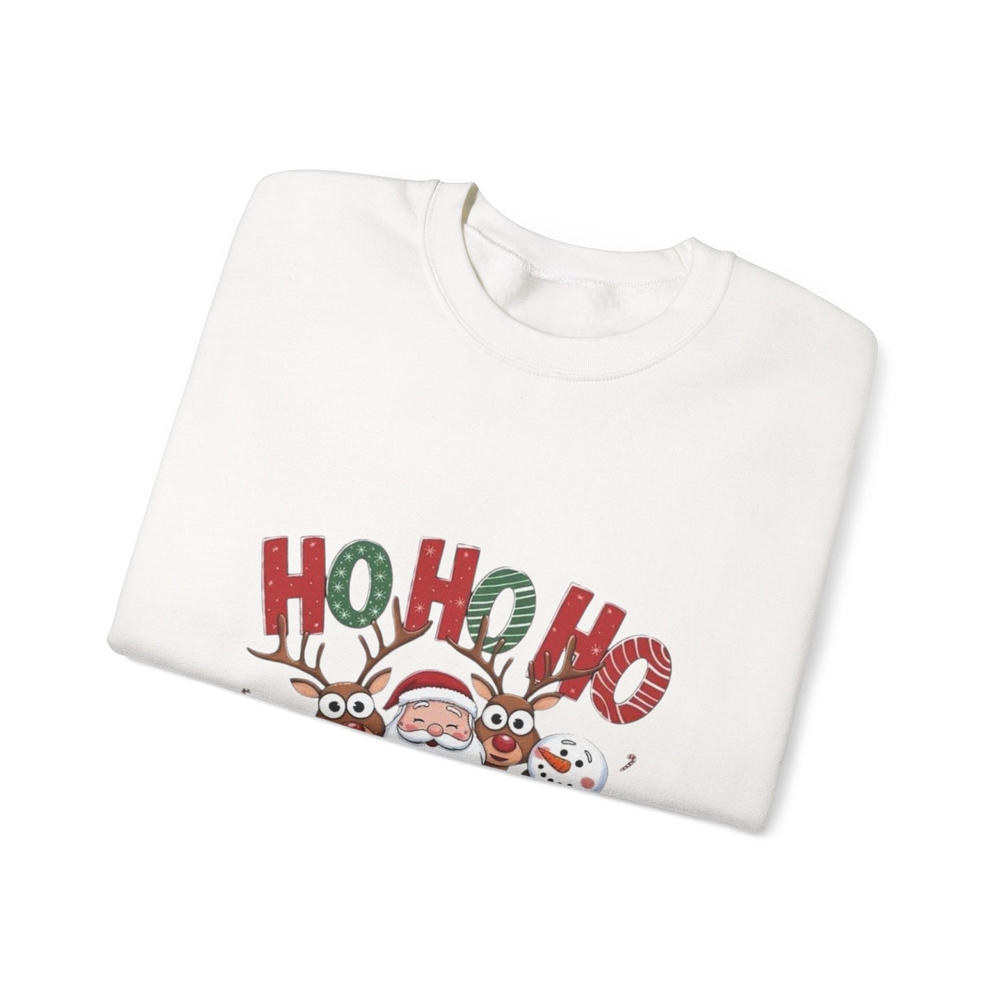 Christmas Sweatshirt — 'HO HO HO' Santa, Reindeer & Snowman Holiday Crewneck