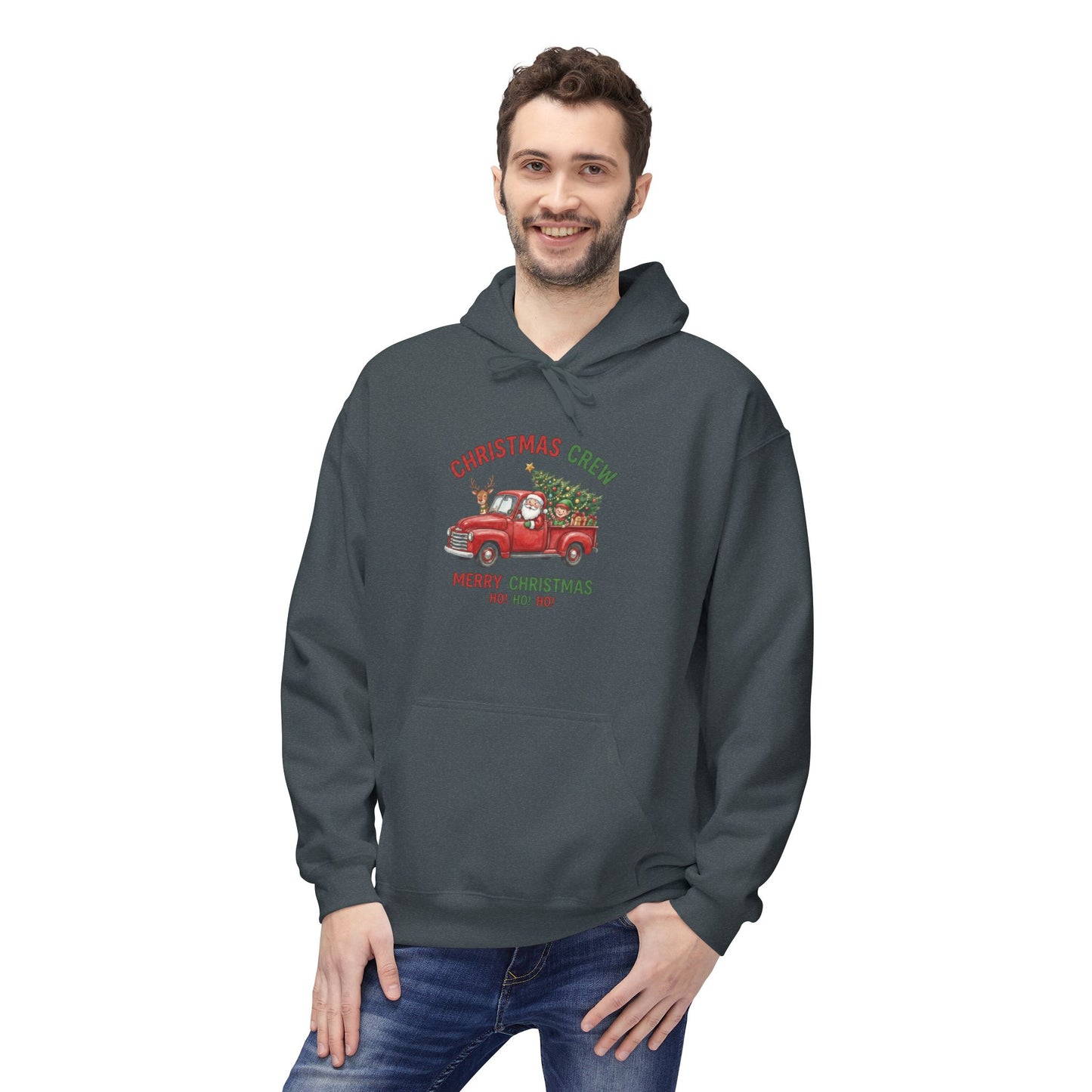 Christmas Crew Hoodie - Red Vintage Truck with Tree, "Merry Christmas Ho Ho Ho"