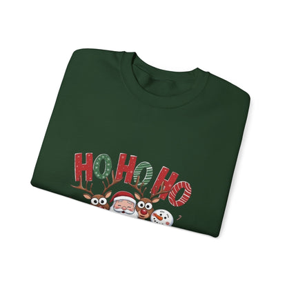 Christmas Sweatshirt — 'HO HO HO' Santa, Reindeer & Snowman Holiday Crewneck