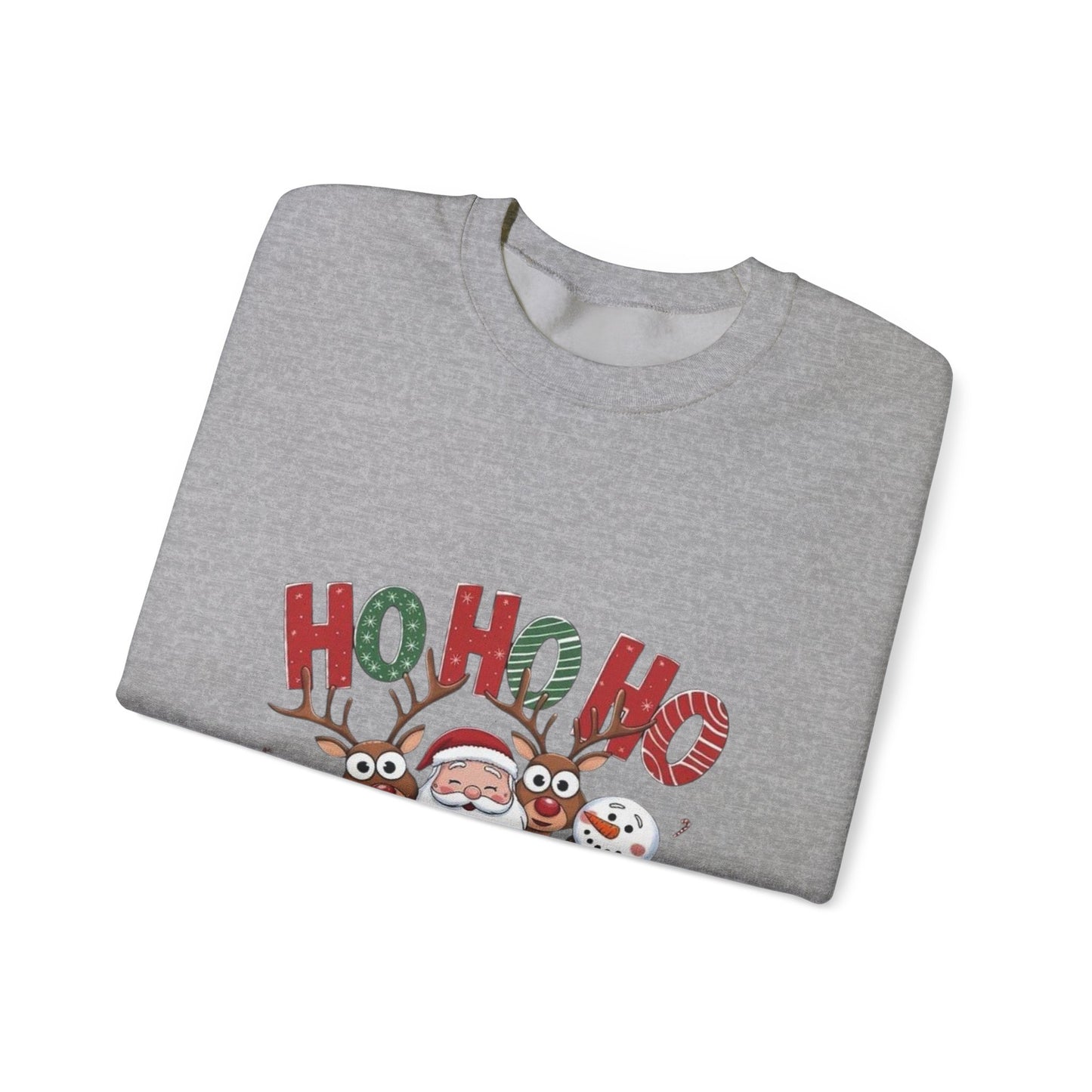 Christmas Sweatshirt — 'HO HO HO' Santa, Reindeer & Snowman Holiday Crewneck