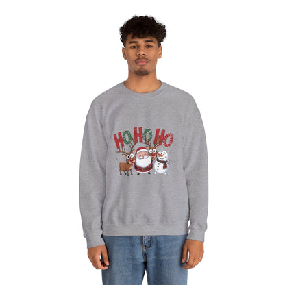 Christmas Sweatshirt — 'HO HO HO' Santa, Reindeer & Snowman Holiday Crewneck
