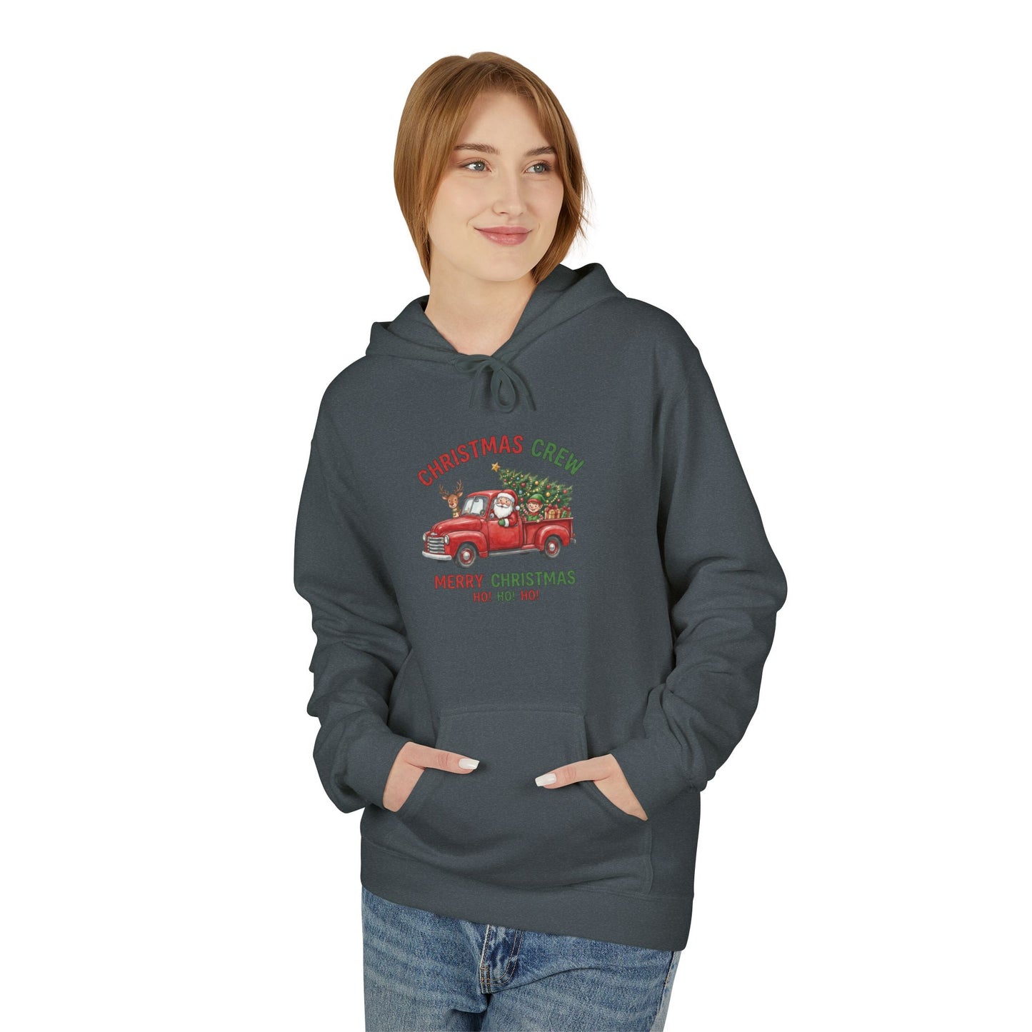 Christmas Crew Hoodie - Red Vintage Truck with Tree, "Merry Christmas Ho Ho Ho"