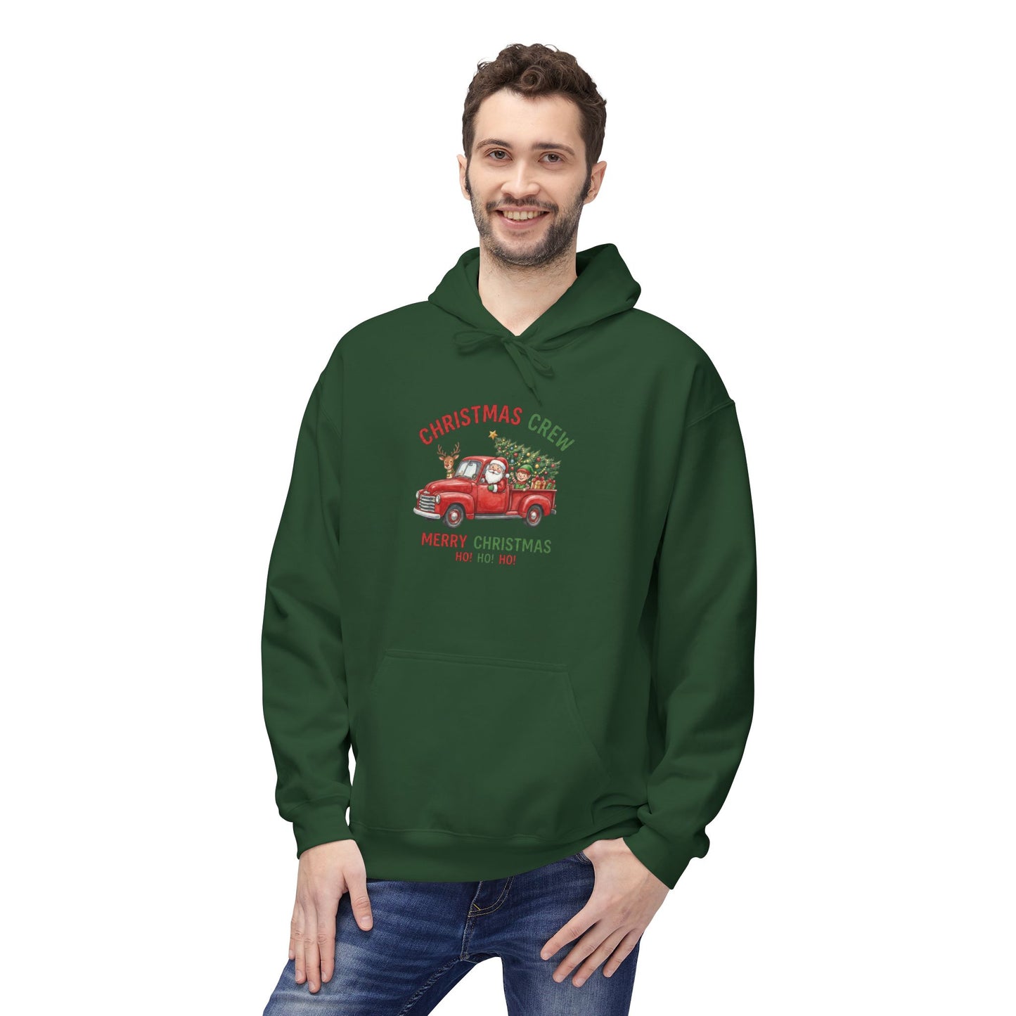 Christmas Crew Hoodie - Red Vintage Truck with Tree, "Merry Christmas Ho Ho Ho"