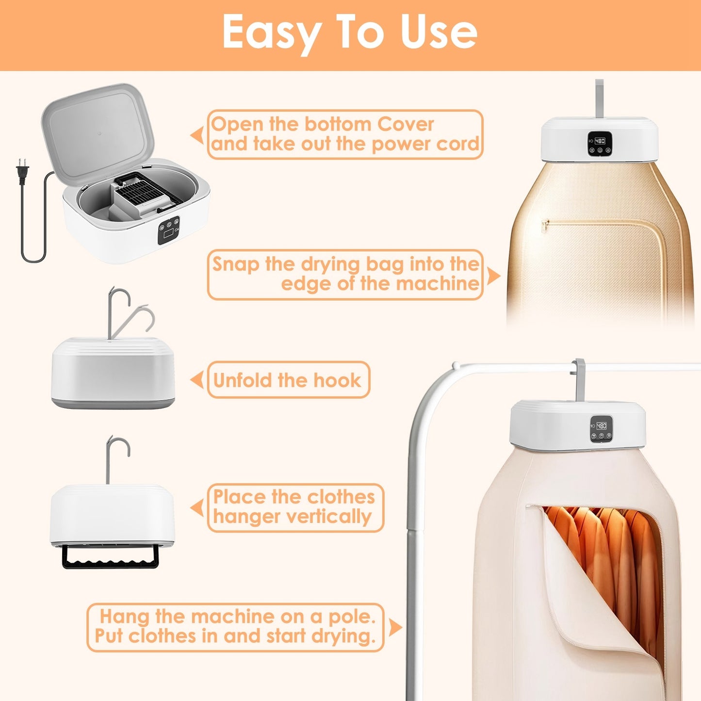 Remote Control Portable Clothes Dryer Machine Mini Foldable With Timer UV Sterilization