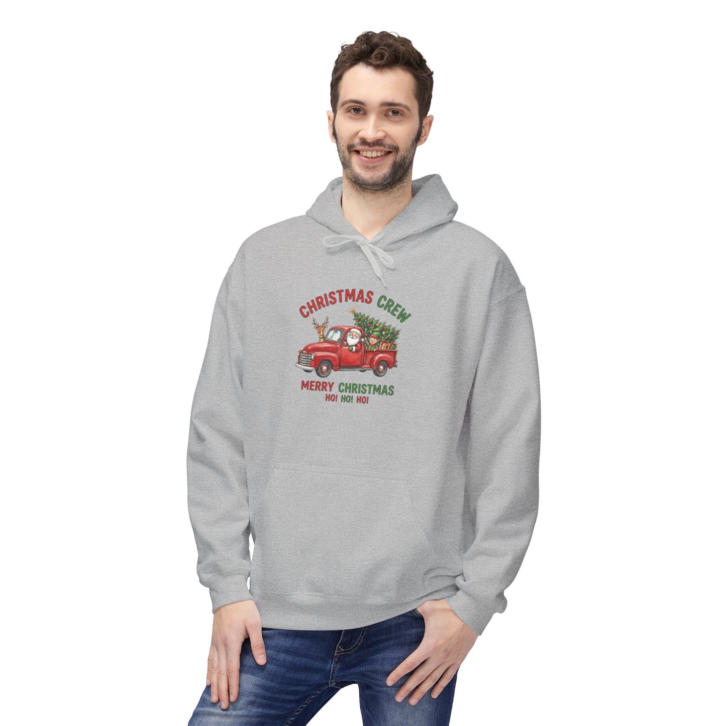 Christmas Crew Hoodie - Red Vintage Truck with Tree, "Merry Christmas Ho Ho Ho"