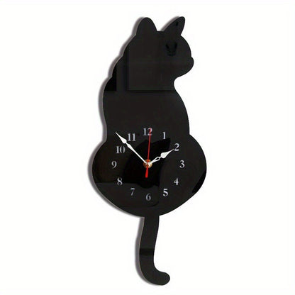 Whimsical Black Cat Pendulum Wall Clock With Moving Tail