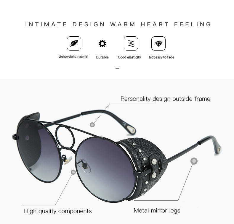 Round Leather Rivet Metal Sunglasses