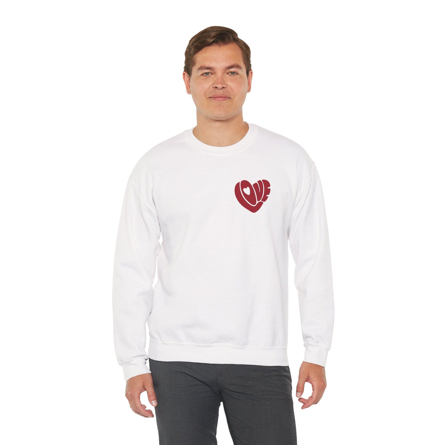 Love Heart Crewneck Sweatshirt — Retro Red "Love" Chest Graphic