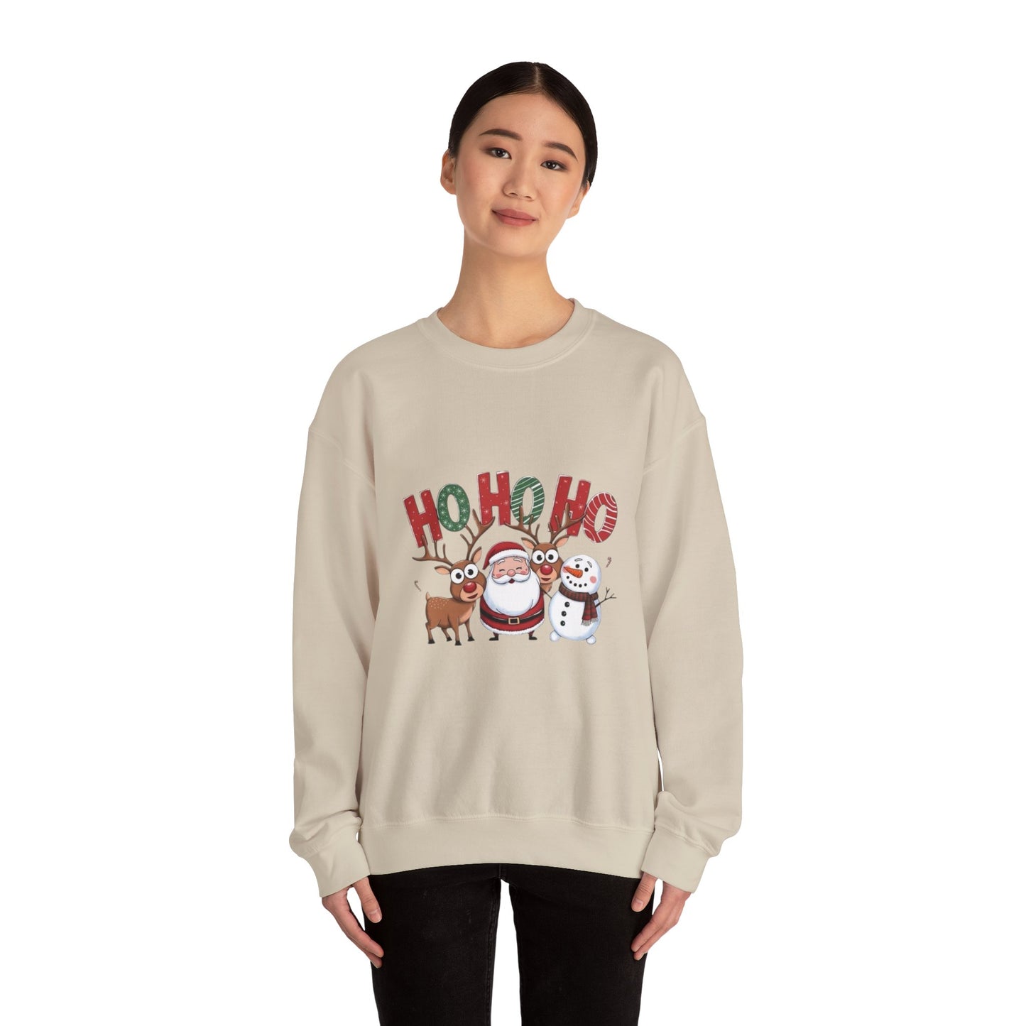 Christmas Sweatshirt — 'HO HO HO' Santa, Reindeer & Snowman Holiday Crewneck