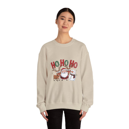 Christmas Sweatshirt — 'HO HO HO' Santa, Reindeer & Snowman Holiday Crewneck