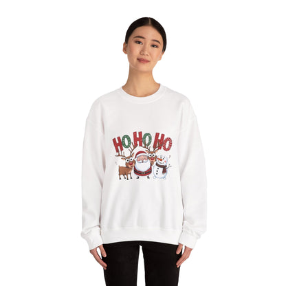 Christmas Sweatshirt — 'HO HO HO' Santa, Reindeer & Snowman Holiday Crewneck