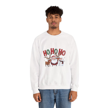 Christmas Sweatshirt — 'HO HO HO' Santa, Reindeer & Snowman Holiday Crewneck