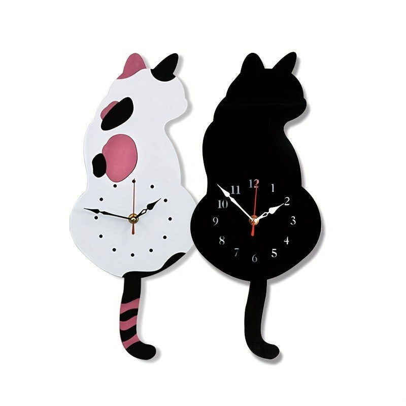 Whimsical Black Cat Pendulum Wall Clock With Moving Tail