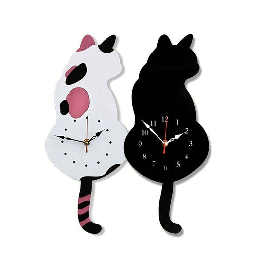 Whimsical Black Cat Pendulum Wall Clock With Moving Tail