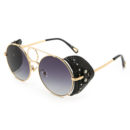 Round Leather Rivet Metal Sunglasses