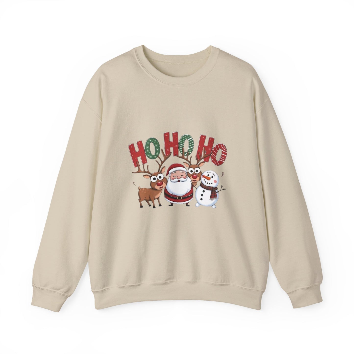 Christmas Sweatshirt — 'HO HO HO' Santa, Reindeer & Snowman Holiday Crewneck