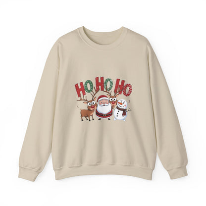 Christmas Sweatshirt — 'HO HO HO' Santa, Reindeer & Snowman Holiday Crewneck