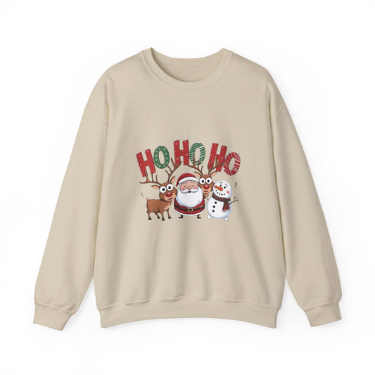 Christmas Sweatshirt — 'HO HO HO' Santa, Reindeer & Snowman Holiday Crewneck