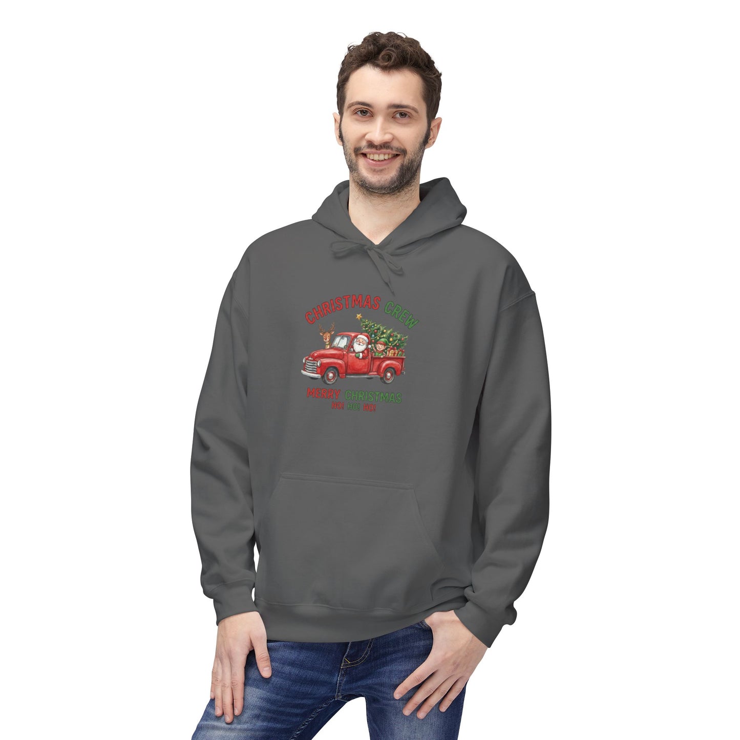 Christmas Crew Hoodie - Red Vintage Truck with Tree, "Merry Christmas Ho Ho Ho"