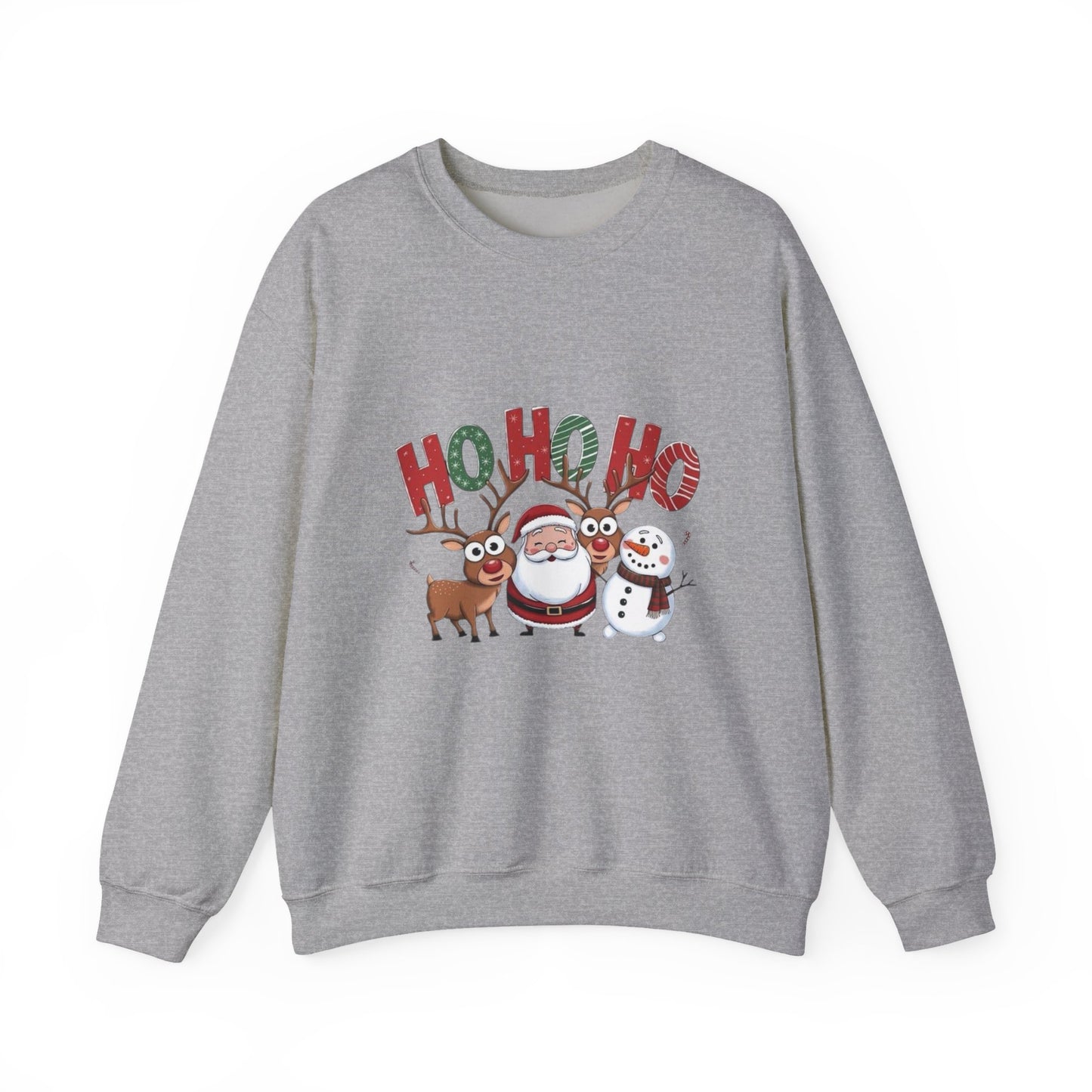 Christmas Sweatshirt — 'HO HO HO' Santa, Reindeer & Snowman Holiday Crewneck