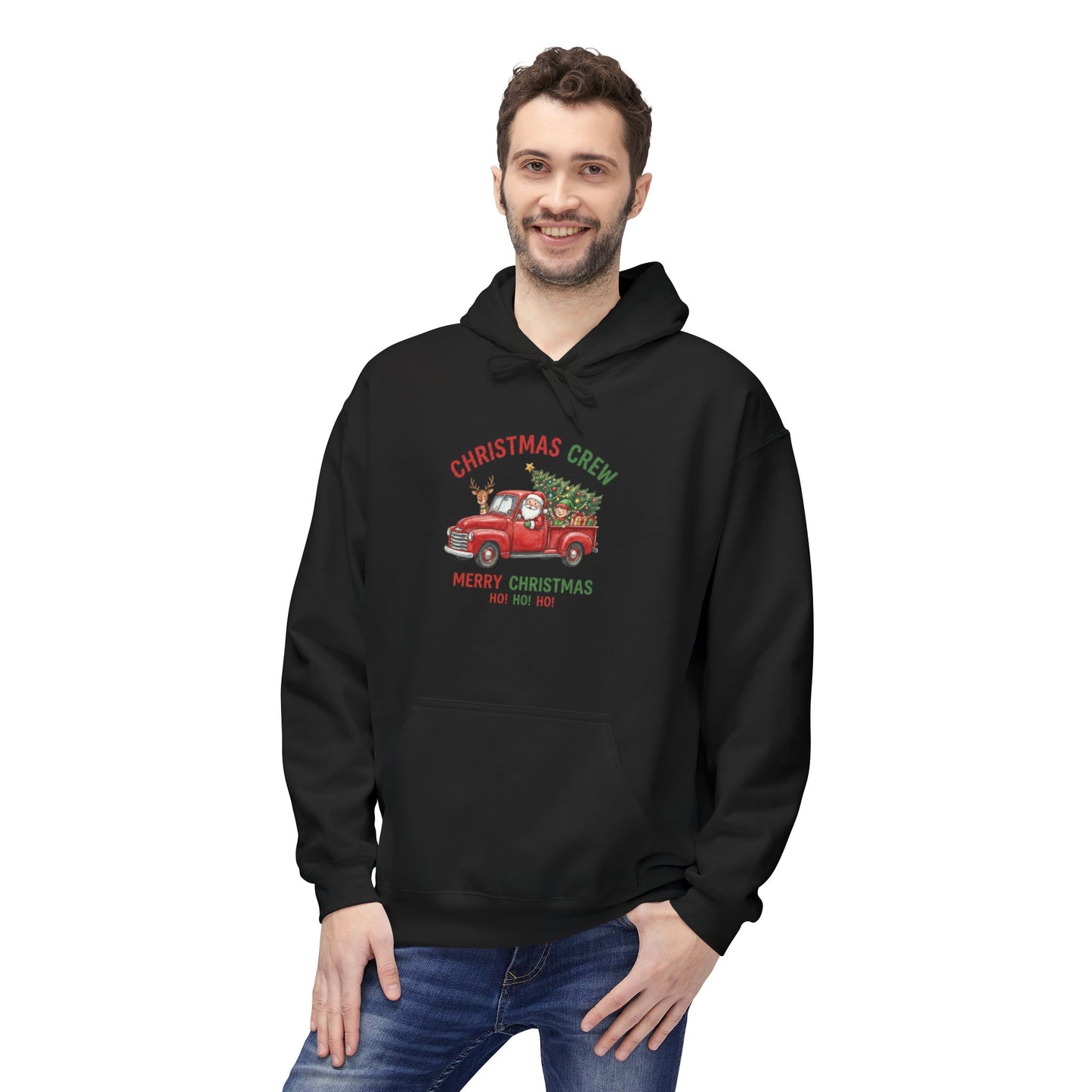 Christmas Crew Hoodie - Red Vintage Truck with Tree, "Merry Christmas Ho Ho Ho"