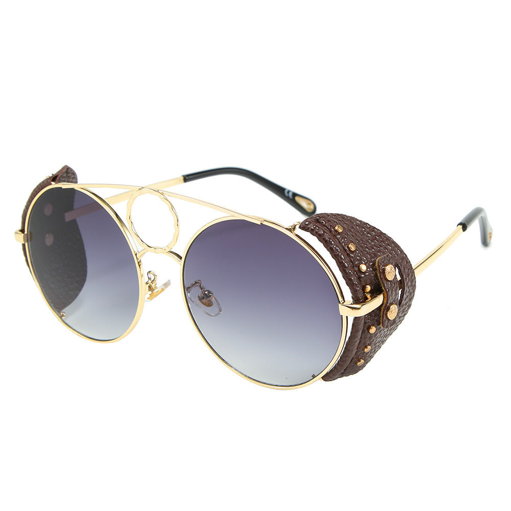 Round Leather Rivet Metal Sunglasses
