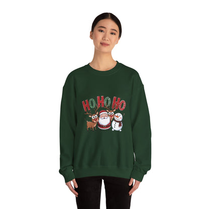 Christmas Sweatshirt — 'HO HO HO' Santa, Reindeer & Snowman Holiday Crewneck
