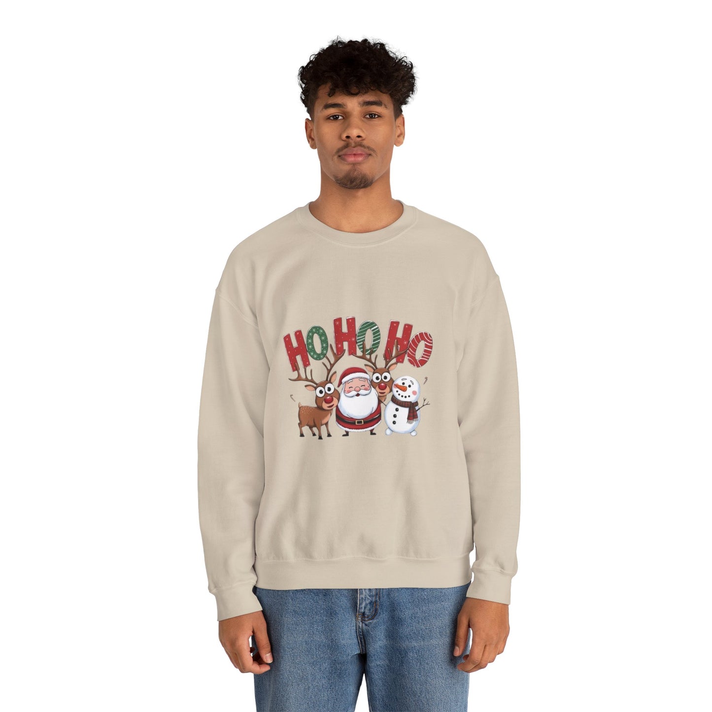 Christmas Sweatshirt — 'HO HO HO' Santa, Reindeer & Snowman Holiday Crewneck