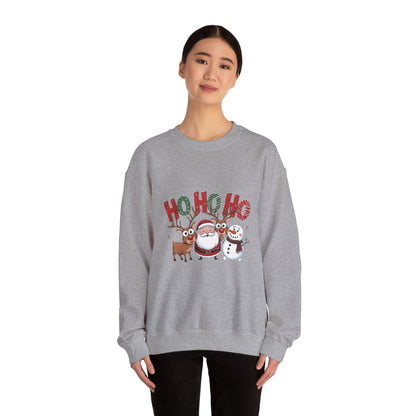 Christmas Sweatshirt — 'HO HO HO' Santa, Reindeer & Snowman Holiday Crewneck