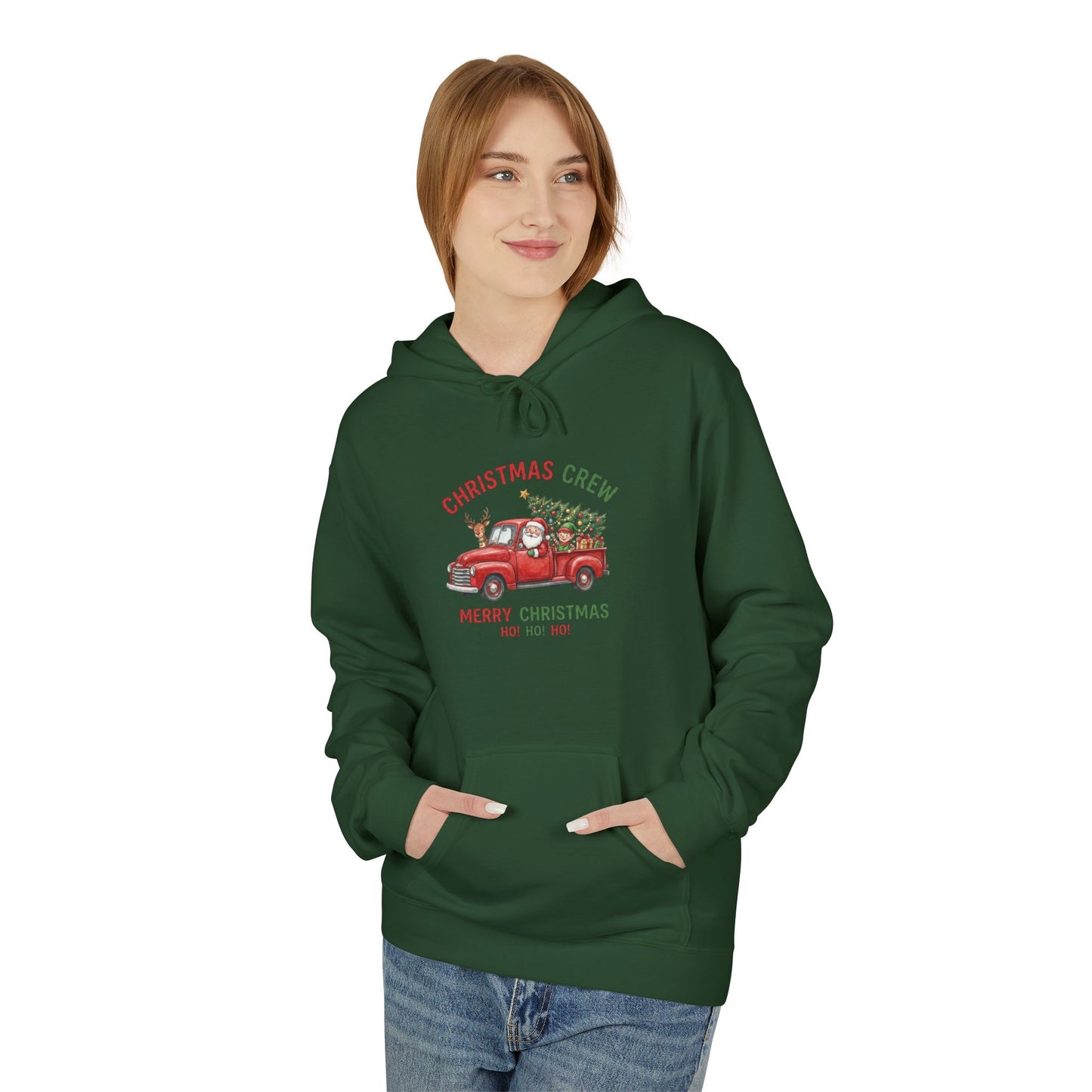Christmas Crew Hoodie - Red Vintage Truck with Tree, "Merry Christmas Ho Ho Ho"