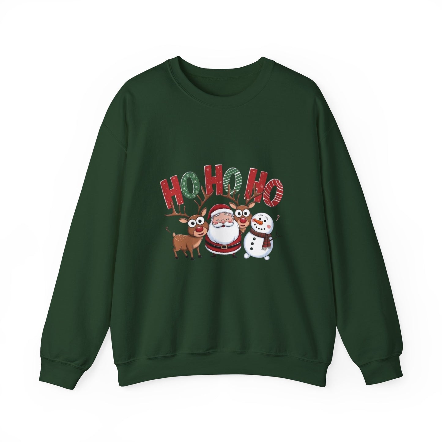 Christmas Sweatshirt — 'HO HO HO' Santa, Reindeer & Snowman Holiday Crewneck