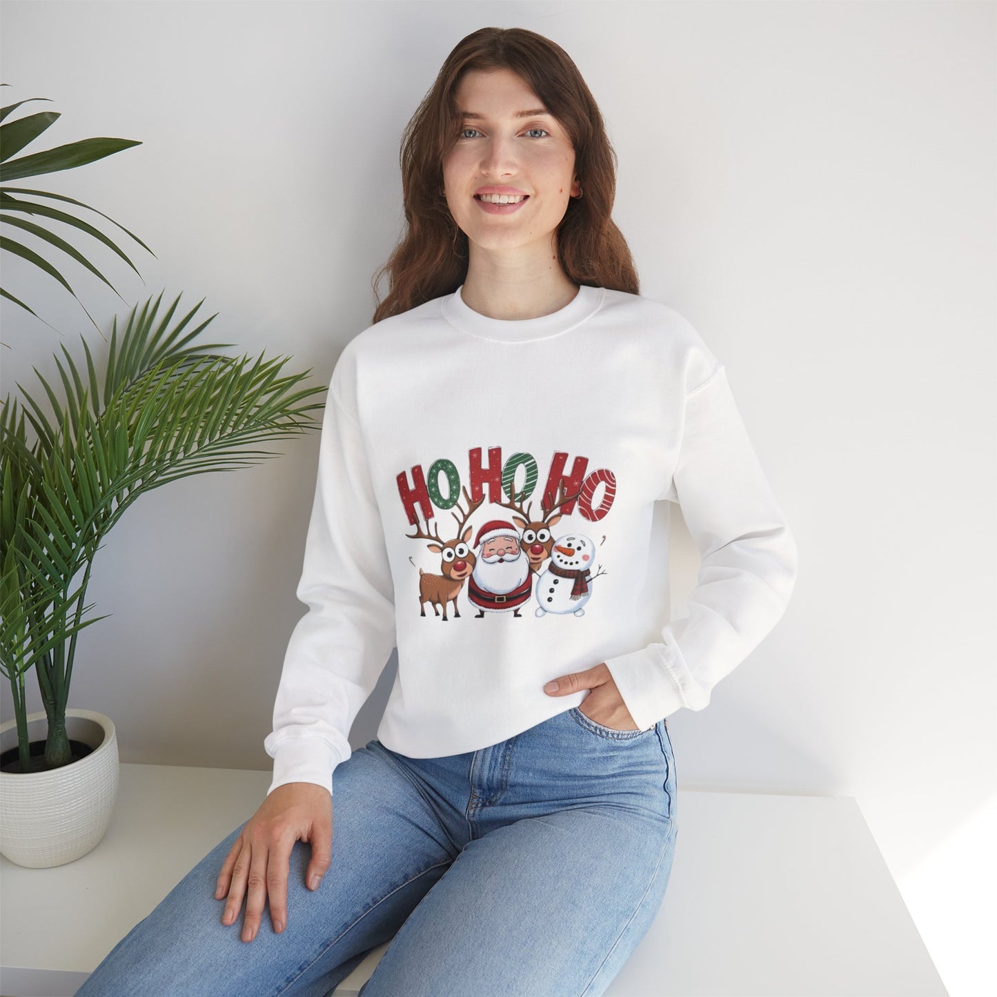 Christmas Sweatshirt — 'HO HO HO' Santa, Reindeer & Snowman Holiday Crewneck