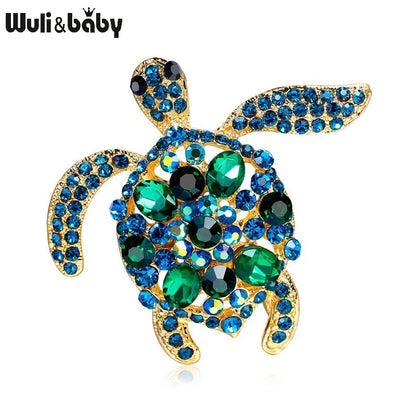 Wuli&baby Green Rhinestone Sea Turtle Animal Brooch Pins For Women Jewelry Gift